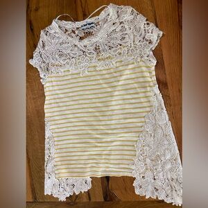 Anthropologie Comme Toi Cotton Blend Ivory & Yellow Striped & Lace Shirt, Sz Sml